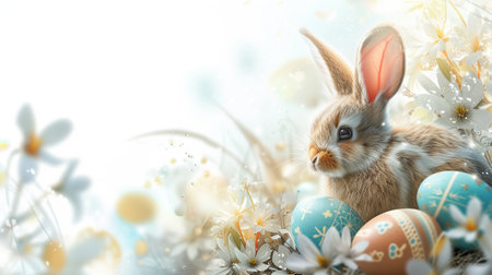 Easter bunny and easter eggs on spring flowers background with copy spaceの素材