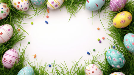 Easter background with eggs and green grass. 3d illustration.の素材
