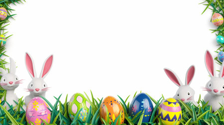 Easter bunnies and easter eggs on grass with copy spaceの素材