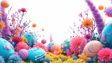 Easter background with colorful eggs and flowers. 3D illustration.の素材