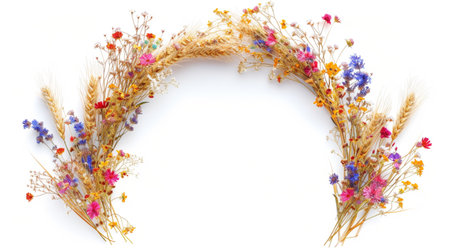 Rustic Floral Frame: Bouquet of Wildflowers and Ears of Wheat Creating a Frame on a White Background, Clipart with Large Space for Creative Text.の素材