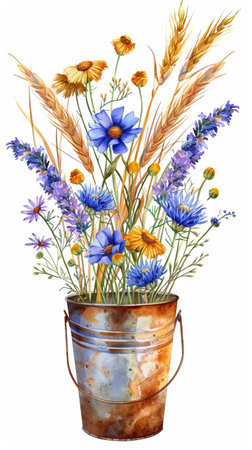 Watercolor bouquet of cornflowers, cornflowers and wheat ears in a bucketの素材