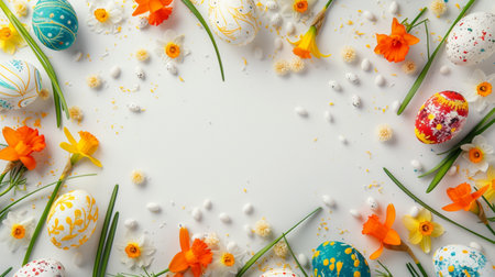 Easter eggs and narcissus flowers on white background. Top view, flat layの素材