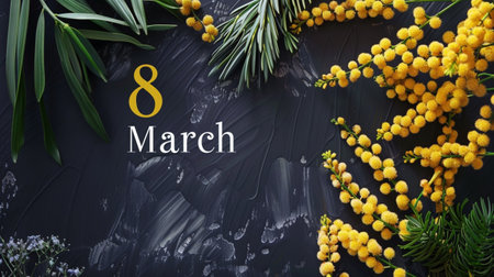8 March International Womens Day background with mimosa flowers on blackboardの素材
