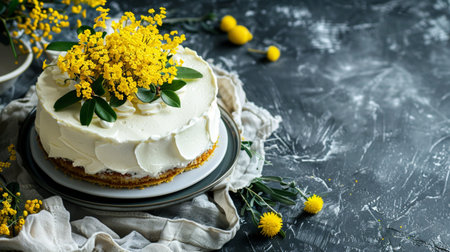 Homemade cake with cream and mimosa flowers on a dark backgroundの素材