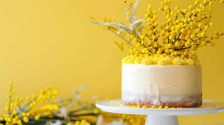 Easter cake with mimosa flowers on a yellow background. Copy space.の素材