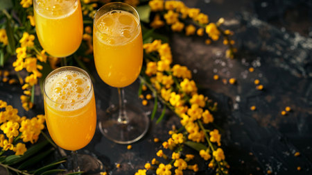 Two glasses of fresh orange juice with yellow mimosa flowers on dark backgroundの素材