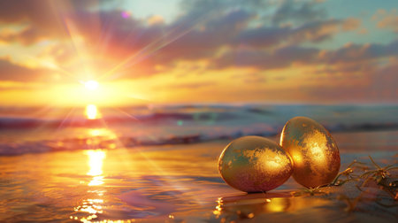 golden easter eggs on the beach at sunset, 3d renderの素材