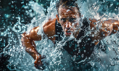 Portrait of a muscular male bodybuilder in water splashes.の素材