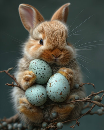 Cute little rabbit with Easter eggs on branch on dark background.の素材