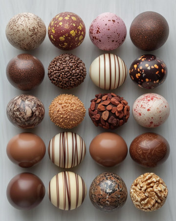 Assorted chocolate candies on a white background. Top views.の素材