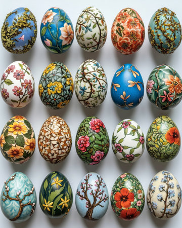Easter eggs with floral pattern on a white background, top viewの素材