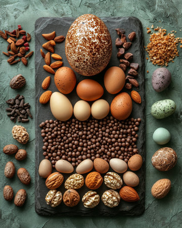 Chocolate eggs, nuts and chocolate candies on green background. Top view, flat layの素材