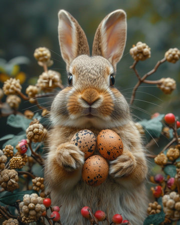 Easter bunny with eggs on a background of the autumn forest.の素材