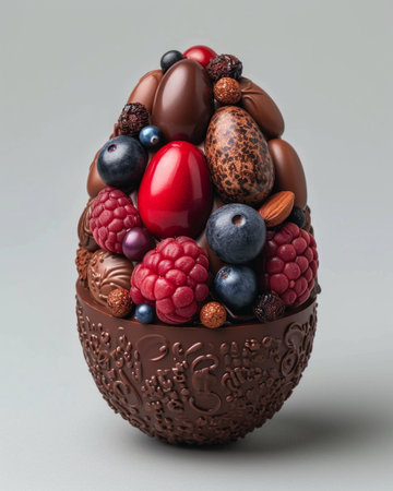 Chocolate Easter eggs decorated with fresh berries and chocolate candies.の素材