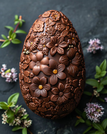Chocolate Easter egg decorated with flowers and leaves on a dark backgroundの素材