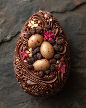 Chocolate Easter egg with flowers and candies on dark background, top viewの素材