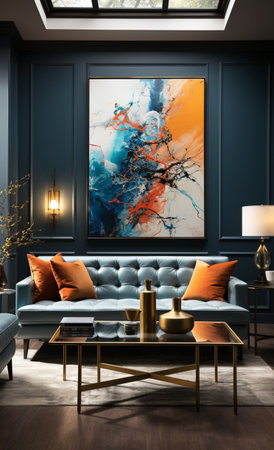 Luxury living room interior with blue walls, sofa and coffee table. 3d renderの素材