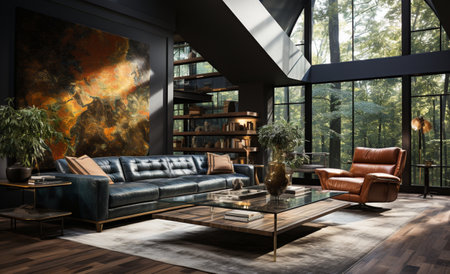 Modern living room interior design 3d rendering image.There are sofas,sofa,table and bookshelf in the living room.の素材