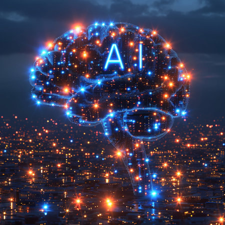 Artificial intelligence concept with human brain on city background. 3D renderingの素材
