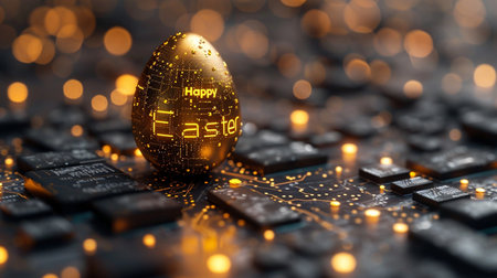 Easter egg with the words Happy Easter on the computer keyboard. 3d illustrationの素材