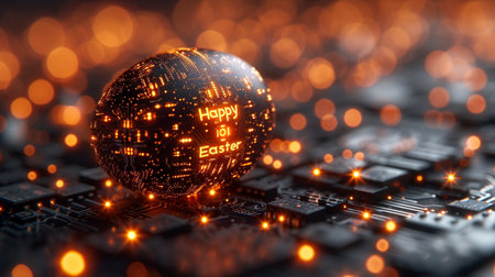 Abstract 3d rendering of shiny sphere on black computer circuit board. Technology background.の素材