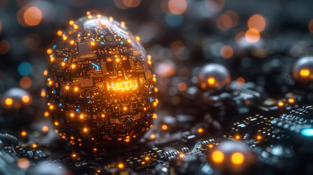 Close-up view of a 3d printed circuit board with HAPPY HOLIDAY text, 3d renderingの素材