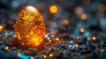 Golden egg with deer ornament on glittering background. 3D renderingの素材