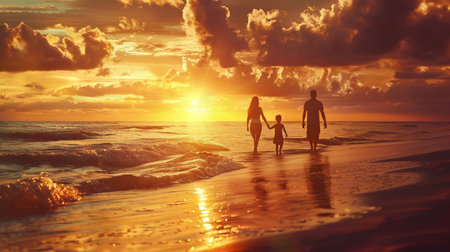 Family Union at Sunset: Mother, Father and Children Enjoy Warm Twilight Light on a Golden Beach.の素材