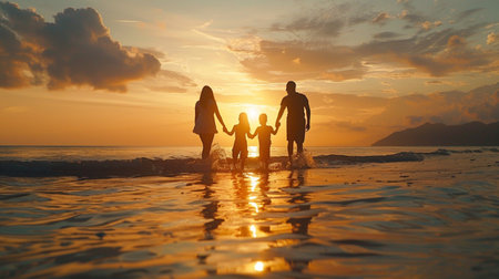 Family Sunset: Atmosphere of Joy with a Happy Family on the Beach, Coloring the Sky with Emotions.の素材