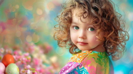 Easter portrait of a cute little girl with curly hair and colorful Easter eggsの素材
