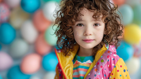 Portrait of cute little girl with curly hair and colorful balloons in the backgroundの素材