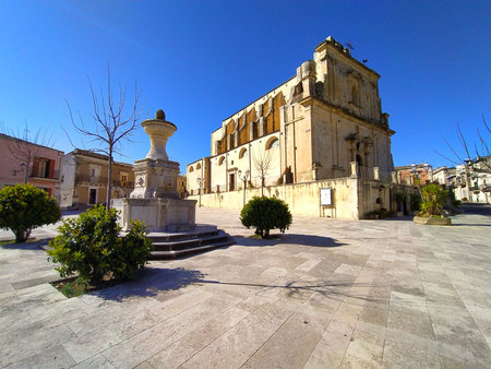 Mother Church and Fountain in Ferla, Sicily â Iconic Italian Heritage Monument. Mother Church and Decorative Fountain of Northern Sicily in Ferla â Mediterranean Charm.の写真素材