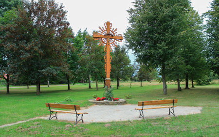 Cross at the crossroads of Vydeniai village. Varena district, Lithuaniaの写真素材
