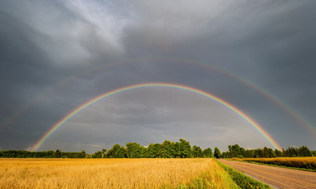 Double rainbow in crop fields and forest on horizon, gravel roadの写真素材