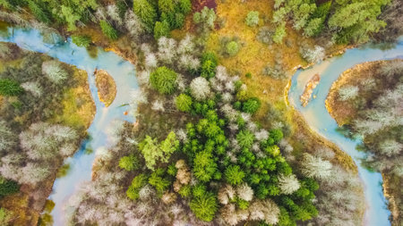 Steep scarp and loops of the Ula river, heart shape, from above, early winter, near the village of...