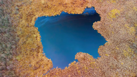 Aerial view of a lake in the forests of Lithuania, wild autumn nature. The name of the lake is...
