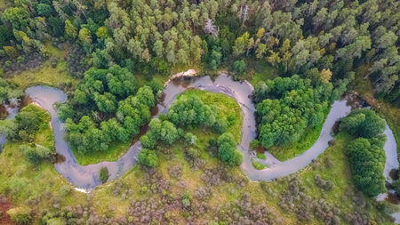 Aerial view of the Åªla-Pelesa River in VarÄna District, Lithuania. Featuring river bends, sandy cliffs, and DzÅ«kija forests.の写真素材