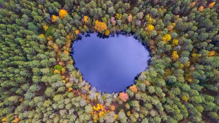 Aerial view of a lake in Lithuanian forests, wildlife. The name of the lake is "Kanapinis", VarÄna district, Europe.の写真素材