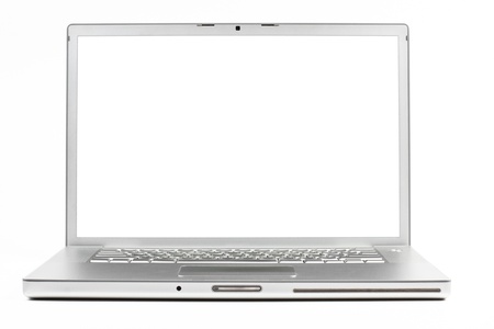 silver laptop front wiev with black screen isolated on white backgroundの写真素材
