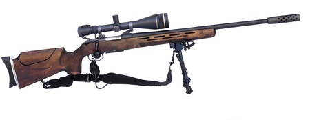 Sniper Rifle with scope atached on a tripod isolated on white backgroundの写真素材