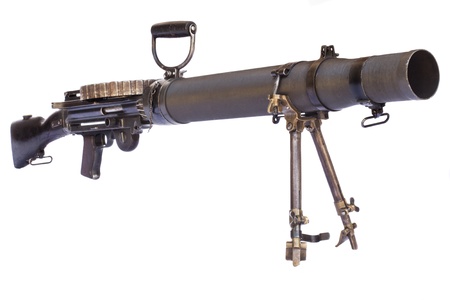 old black color machine gun on a tripod isolated on white backgroundの写真素材