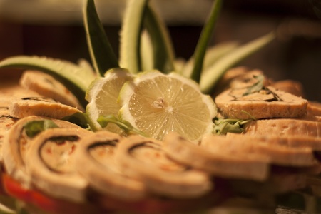 Delicious gourmet food plate ornated with lemons and cucumbersの写真素材