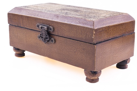 Brown closed wood jewerly box upper diagonal view isolated on white backgroundの写真素材