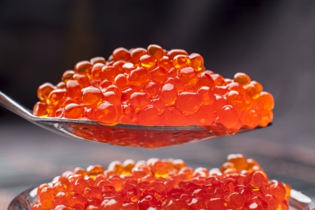 Spoon with red caviar macro closeup on dark の写真素材