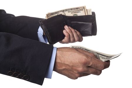 Man Hand in Suit Holding Wallet with Dollar Banknotes Isolated on White Background
