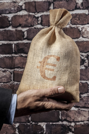 Hand holding a big sack of moneyの写真素材