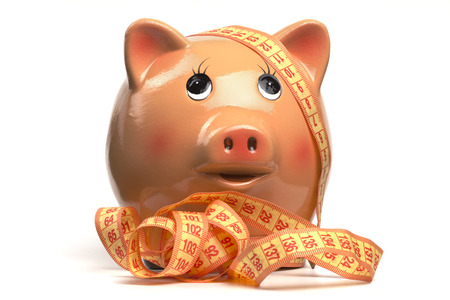 Cute Piggy Bank With Yellow Measuring Tape Isolated on White Backgroundの写真素材