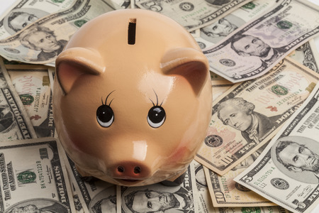 Piggy Bank On Dollars and Calculator Isolated on White Backgroundの写真素材