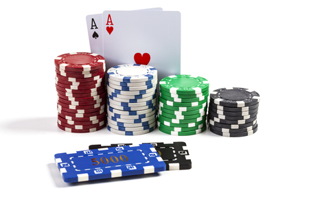 Round and Rectangular Casino Chips With Two Aces Isolated on white Backgroundの写真素材